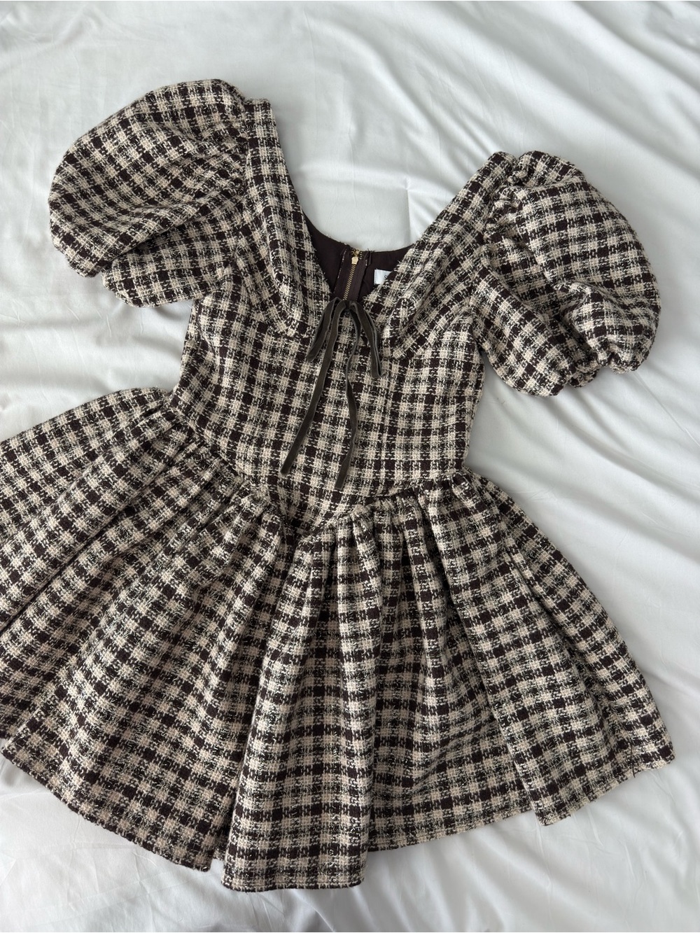 Sofie the Label Plaid Mini Dress Small Puff Sleeve Basque Waist Brown Fall
